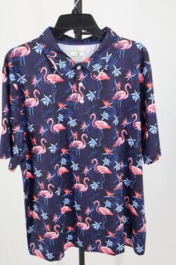 NEW Obnoxious Golf Flamingo Polo Shirt Men's Blue Short Sleeve Size L